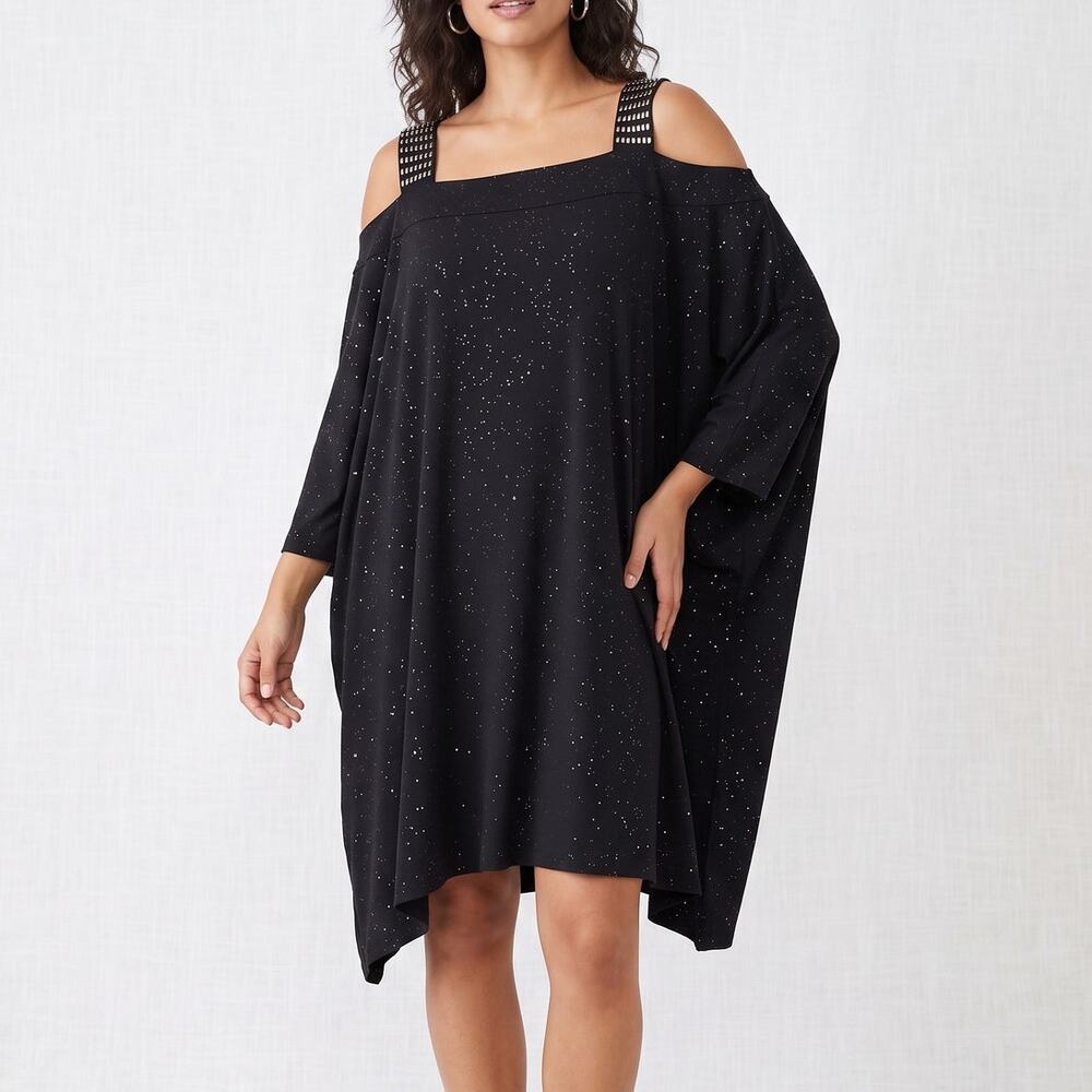 Roaman's 22/24 1X Evening Cocktail Dress Cold Shoulder Black Metallic Sparkles